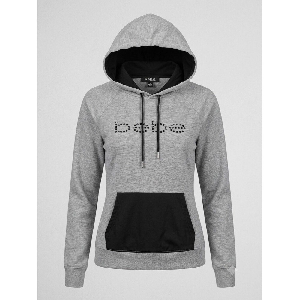 bebe Sport Studded Logo Medium Hoodie Heather Gray Black Contrast Pocket Y2K